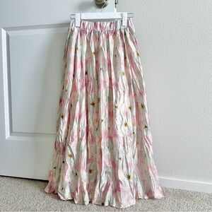 Floral Print Midi Skirt Pleated Silky Colors Luxury Skirt Pink/Green Contrasted
